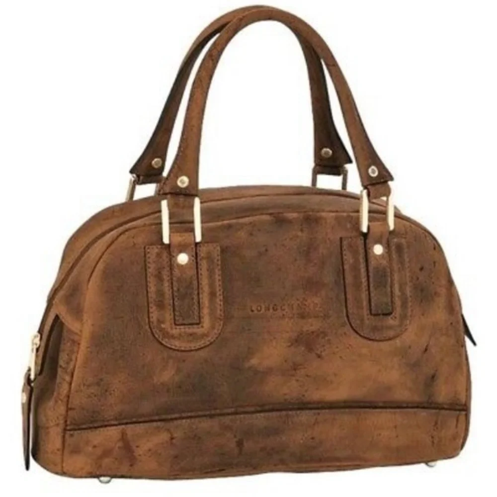 Longchamp Overnight Bag Comos Kuda Medium Distressed Leather Satchel TOBACCO
